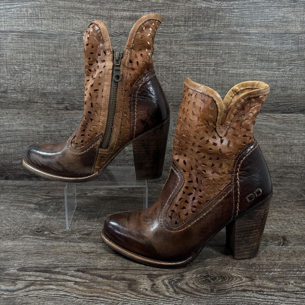 Bed Stu Irma Ankle Boots Women's 7 Brown Leather Laser Cutout Block Heel Zip - Picture 2 of 8